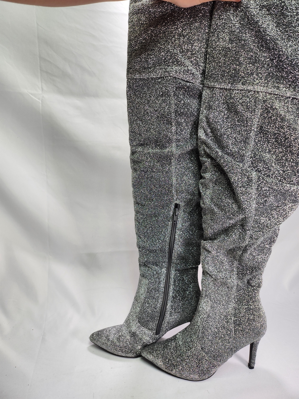 Brash Silver Glitter Over-the-Knee Pointed Toe Stiletto Boots